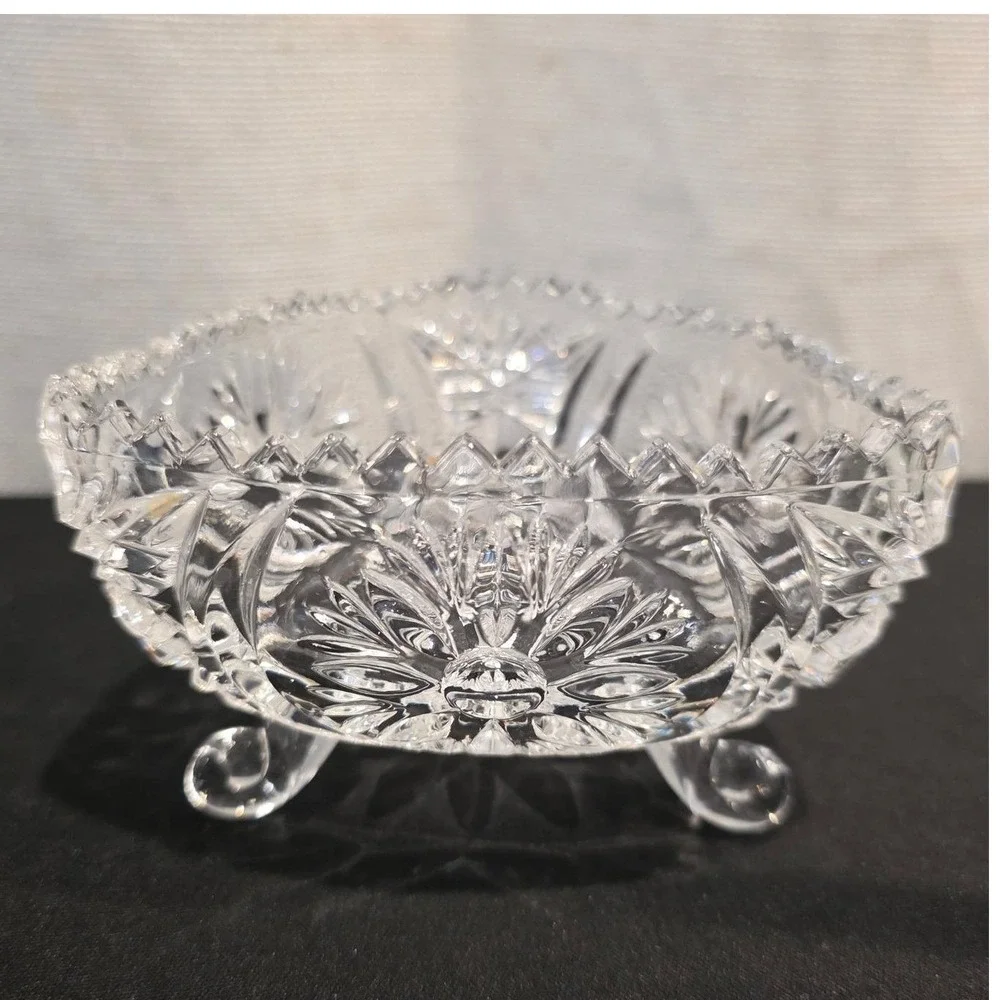 Vintage American Brilliant Cut Glass Heart Shaped Bowl Footed Candy Trinket Dish